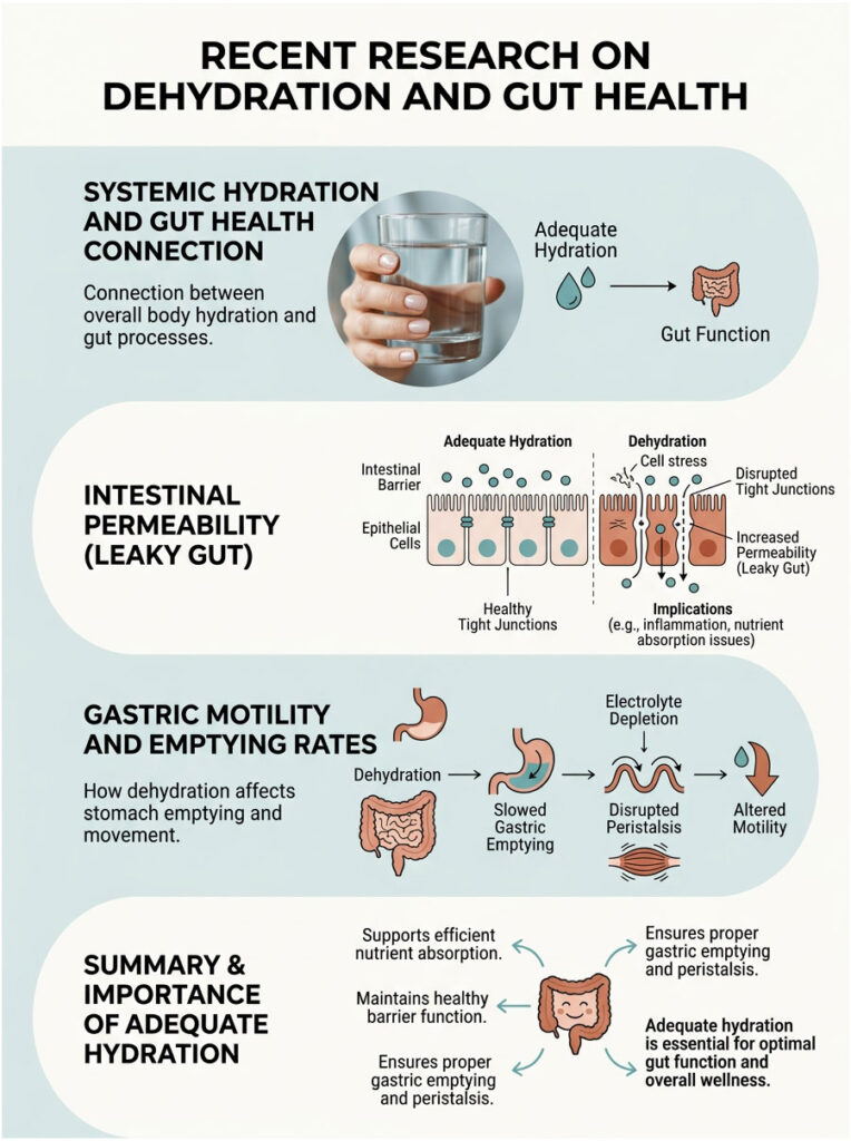 Infographic showing the connection between dehydration and gut health, with charts on hydration effects and nutrient absorption.