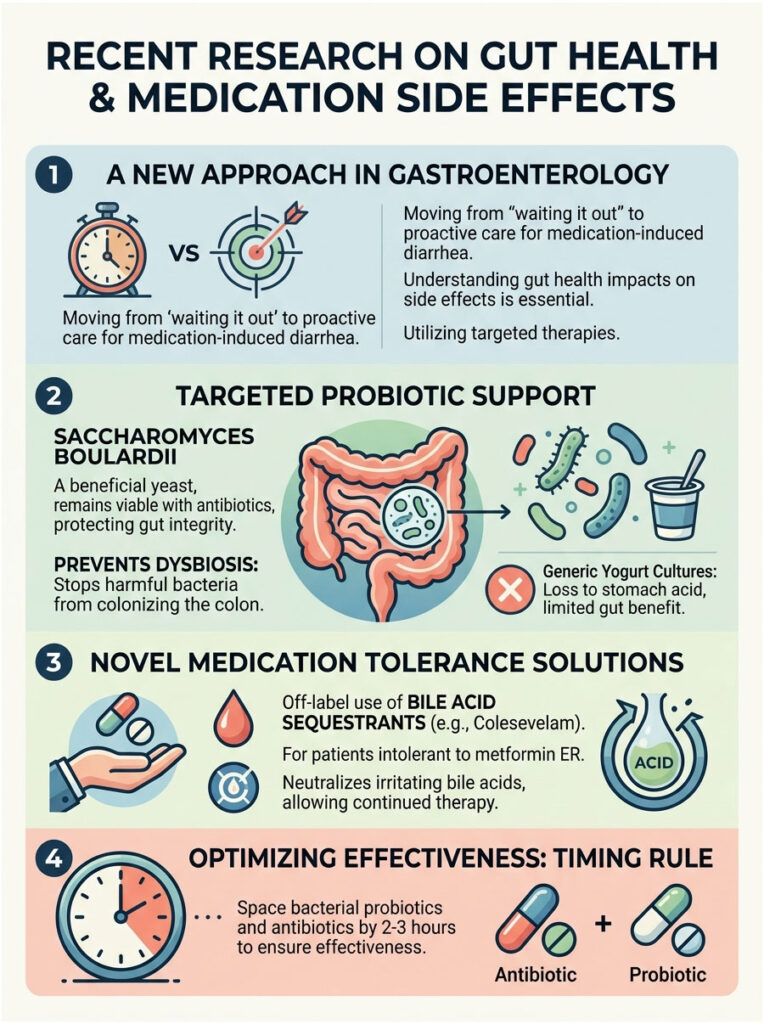 Infographic on gut health research, featuring charts on probiotics, medication side effects, and treatment strategies.