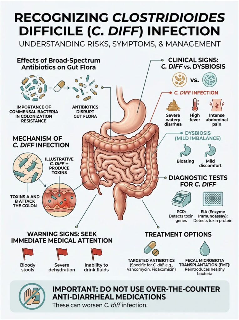 Infographic explaining Clostridioides difficile infection, symptoms, risks, and treatment options with illustrations and data.