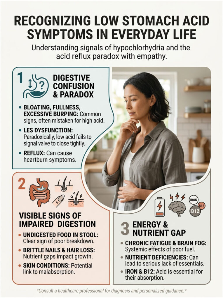 Infographic detailing low stomach acid symptoms, including digestive confusion, signs of impaired digestion, and nutrient gaps.