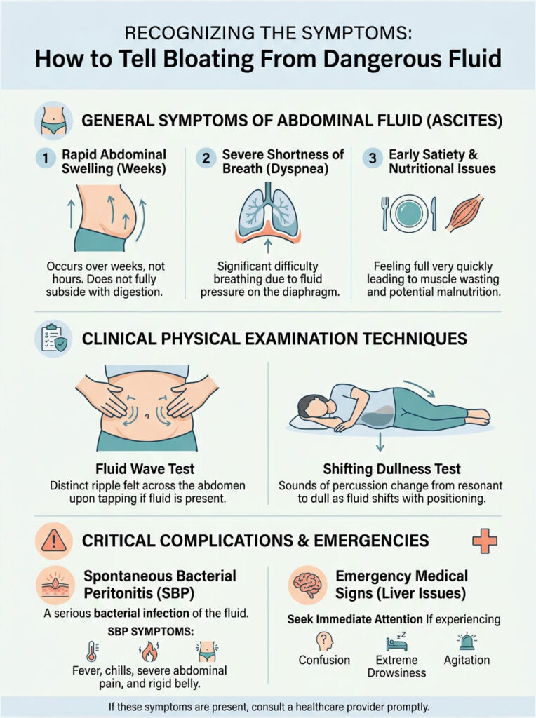 Infographic detailing symptoms of abdominal fluid, examination techniques, and critical complications.