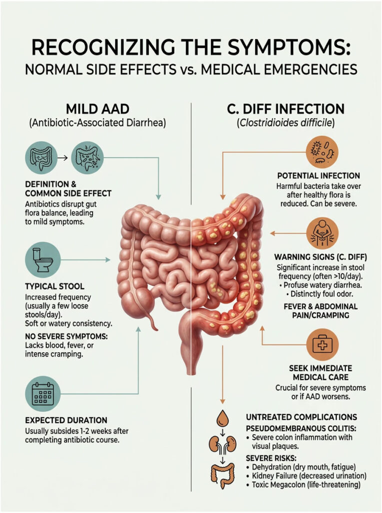 Infographic comparing mild antibiotic-associated diarrhea and C. diff infection symptoms, causes, and treatment options.