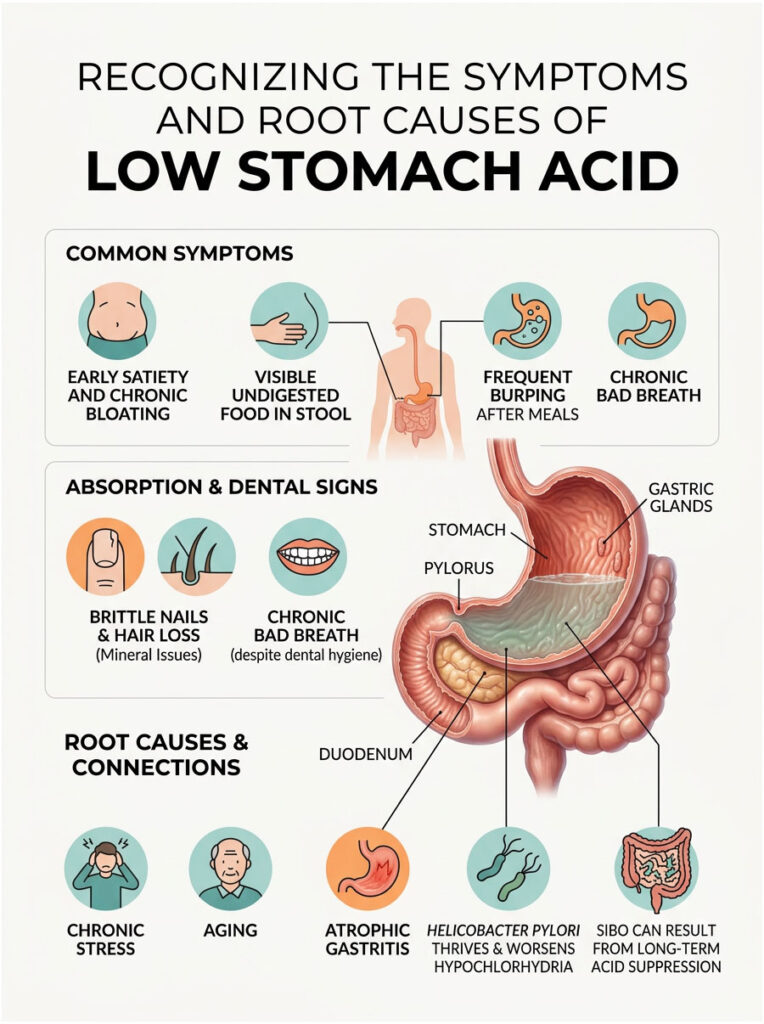 Infographic illustrating symptoms and causes of low stomach acid, including visuals of symptoms and digestive system.