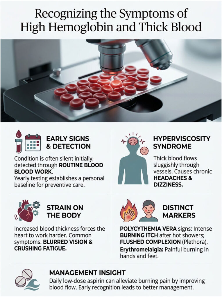Infographic showing symptoms of high hemoglobin and thick blood with charts and icons on health signs.