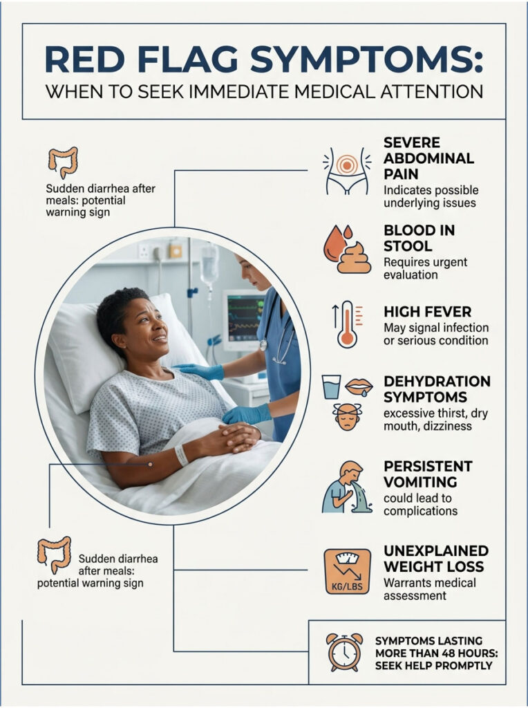 Infographic detailing red flag symptoms requiring medical attention, including severe abdominal pain and high fever.