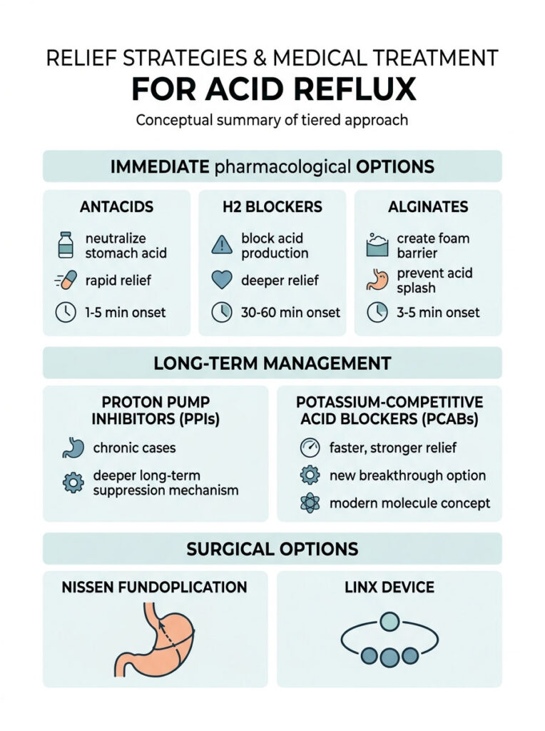 Infographic detailing relief strategies for acid reflux, including immediate options and long-term management methods.