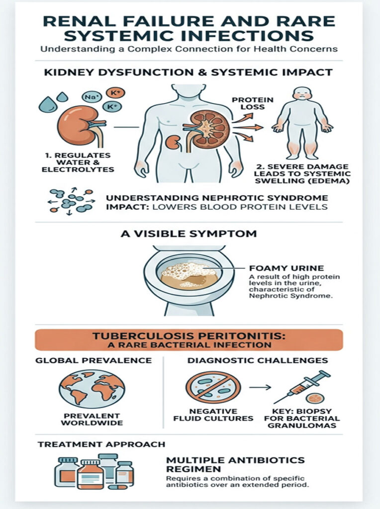 Infographic explaining renal failure, nephrotic syndrome, symptoms, and tuberculosis peritonitis treatment.