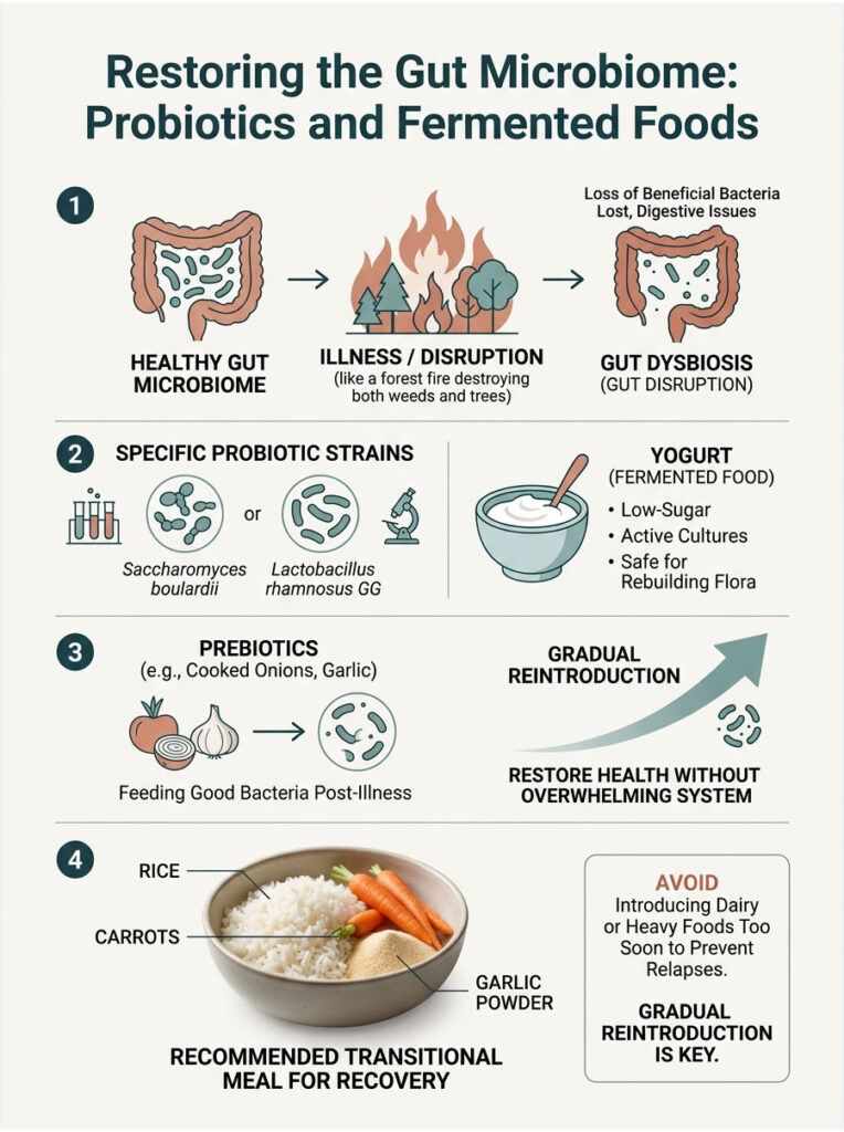 Infographic illustrating gut microbiome restoration with probiotics, fermented foods, and meal recommendations.