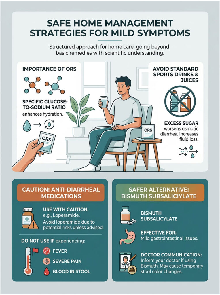 Infographic showing safe home management strategies for mild symptoms, including hydration and medication advice.