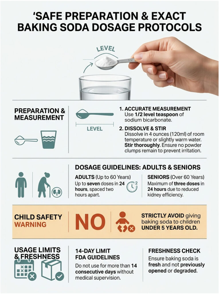 Infographic showing safe baking soda dosage protocols, including preparation steps and dosage guidelines for adults and seniors.