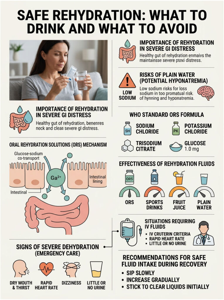 Infographic on safe rehydration, detailing drinks to consume and avoid, with charts and icons illustrating key points.