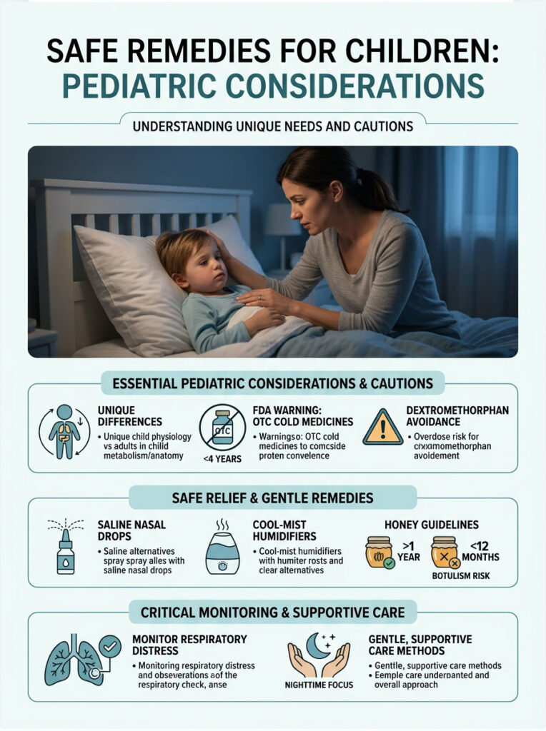 Mother comforts child in bed, highlighting pediatric considerations, safe remedies, and monitoring care in an infographic.