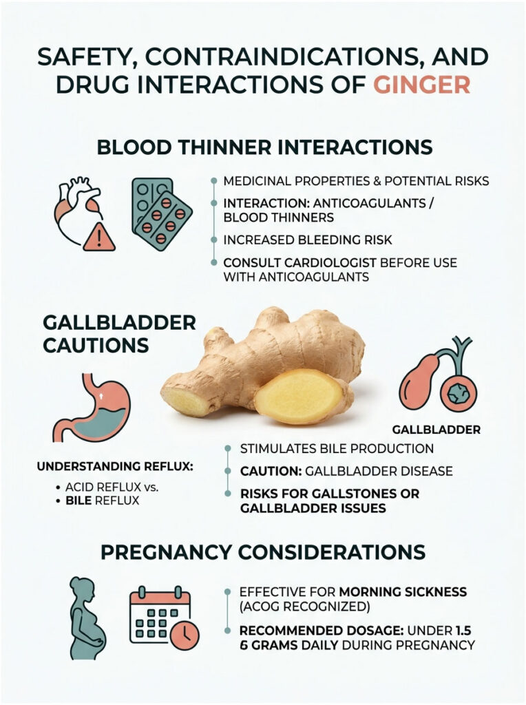 Infographic detailing safety, contraindications, and drug interactions of ginger, including blood thinner interactions and pregnancy considerations.