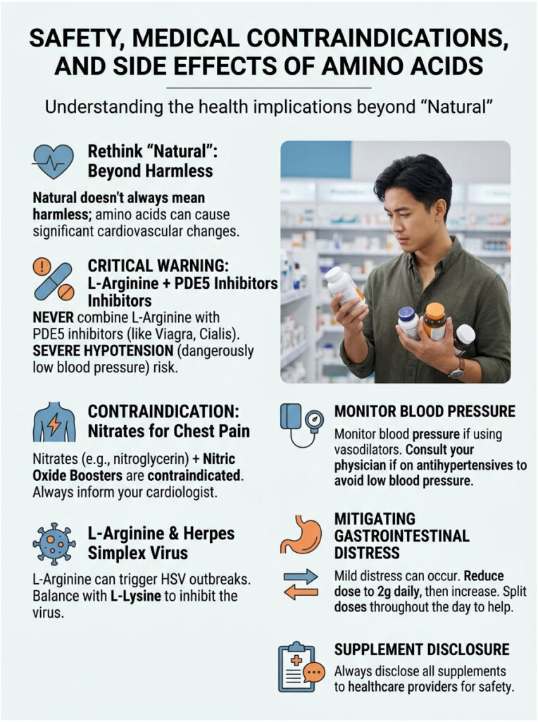 Infographic detailing safety and side effects of amino acids, including warnings and contraindications.