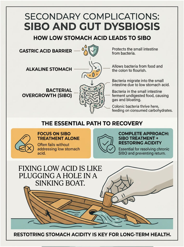 Infographic explaining SIBO and gut dysbiosis, showing stomach acid's role and recovery steps with illustrations.