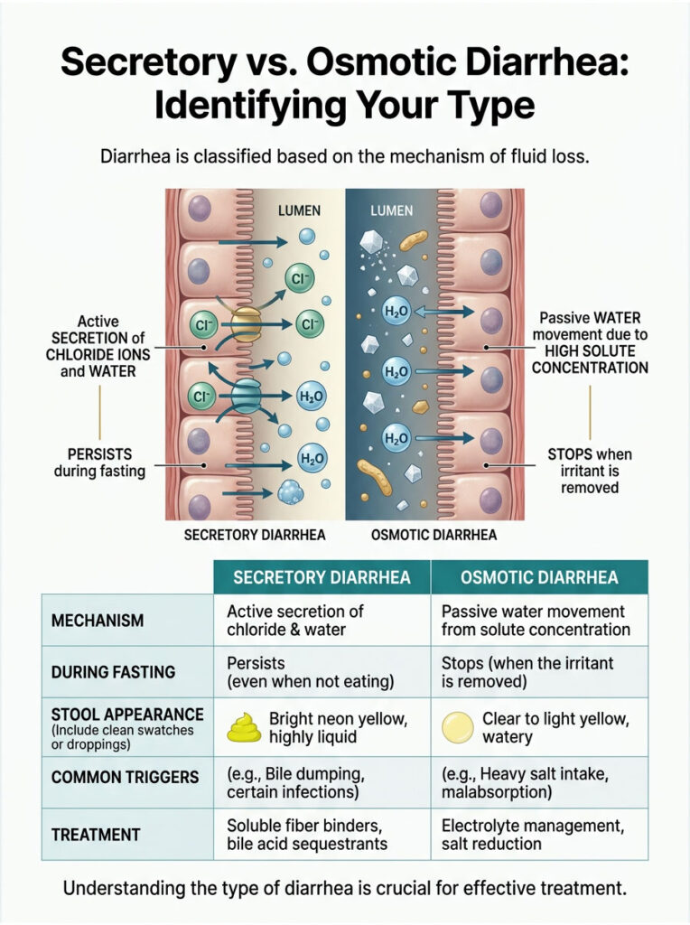 Infographic comparing secretory and osmotic diarrhea with mechanisms, symptoms, and treatments illustrated.