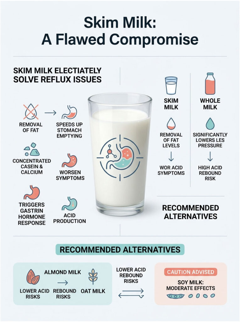 Infographic explaining skim milk's effects on reflux, showing a glass of milk, icons, and alternative options.