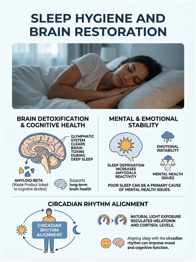 A woman sleeps peacefully, with sections on brain detoxification, mental stability, and circadian rhythm alignment. Infographic.