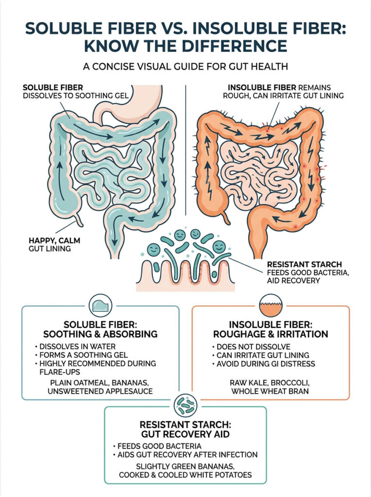 Infographic comparing soluble and insoluble fiber, showing gut health effects, food examples, and benefits.