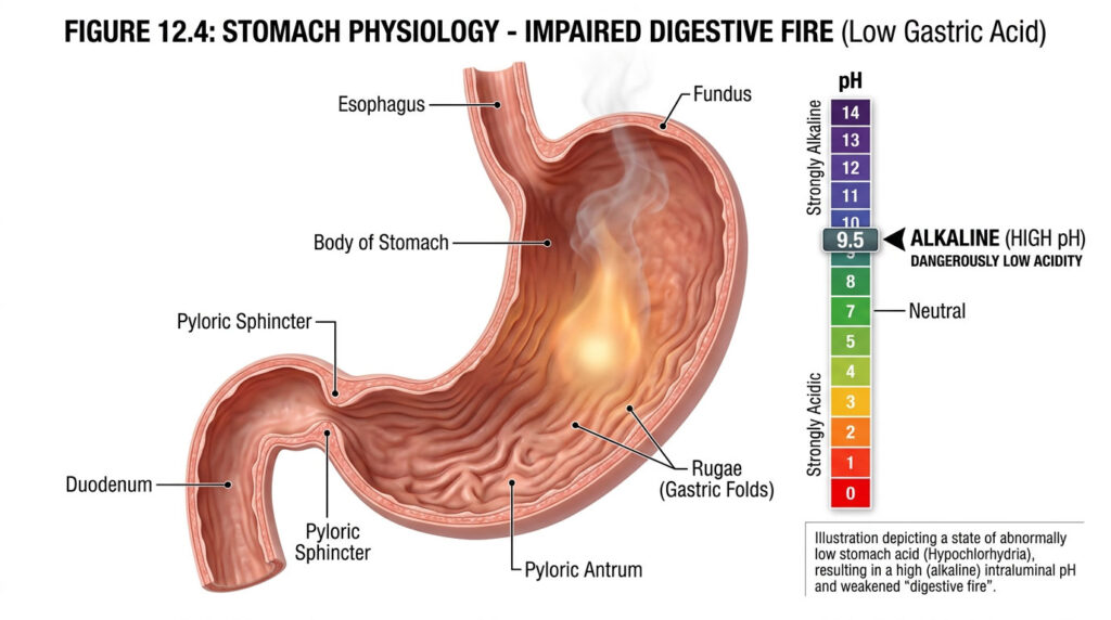 Diagram of human stomach anatomy showing low gastric acid with labeled parts and pH scale indicating alkalinity.