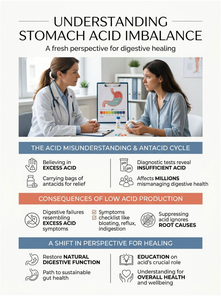 Infographic explaining stomach acid imbalance with charts, icons, and key points on digestive health and healing.