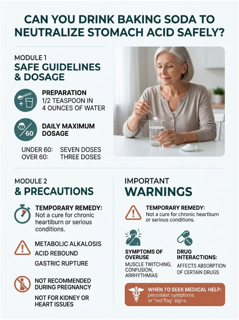 Infographic detailing safe guidelines and precautions for using baking soda to neutralize stomach acid.