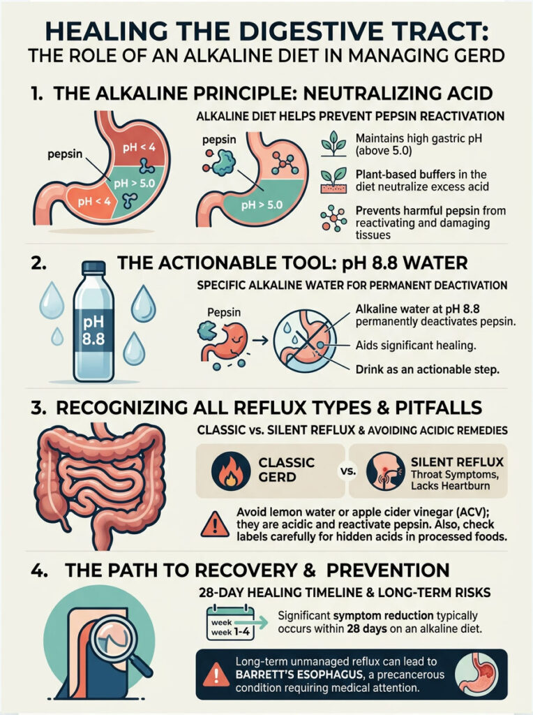 Infographic illustrating the role of an alkaline diet in managing GERD, featuring charts and key data on pH levels and reflux types.