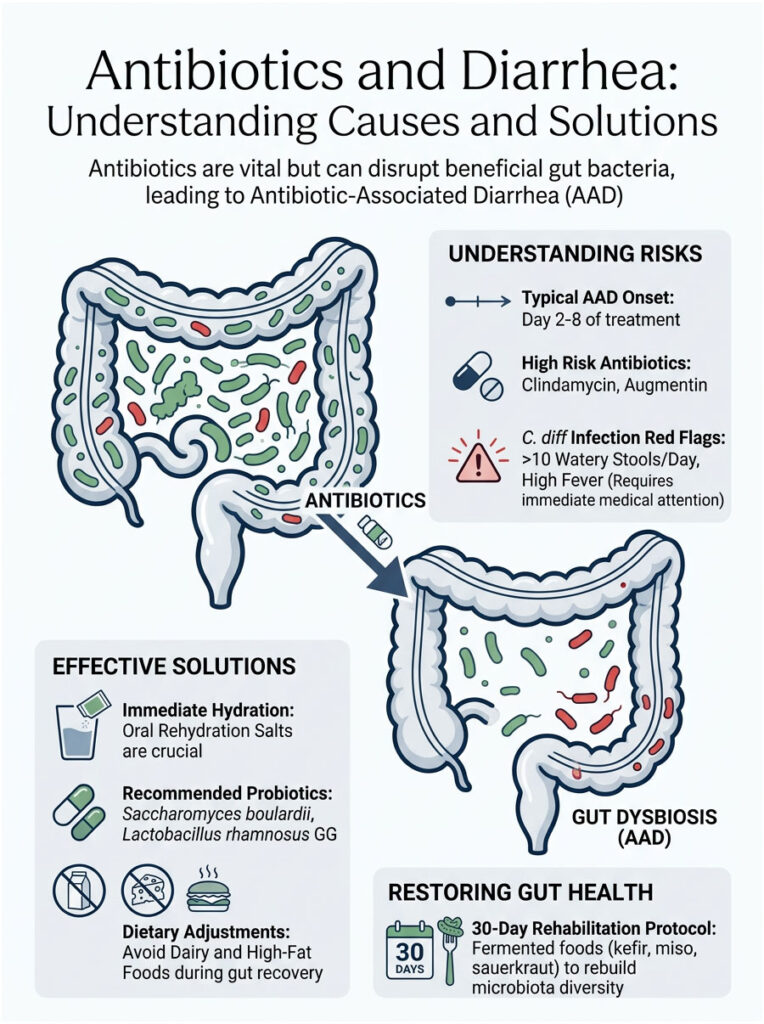 Infographic explaining antibiotics and diarrhea, featuring gut illustrations, risks, solutions, and rehabilitation protocol.