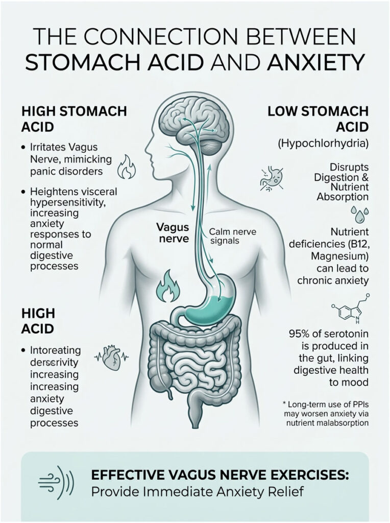 Infographic showing the connection between stomach acid and anxiety with charts on high and low stomach acid effects.