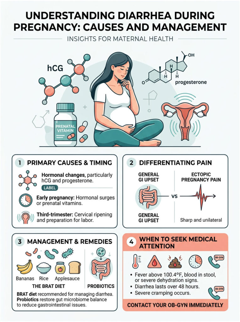 Infographic explaining diarrhea during pregnancy, including causes, pain differentiation, remedies, and when to seek medical attention.