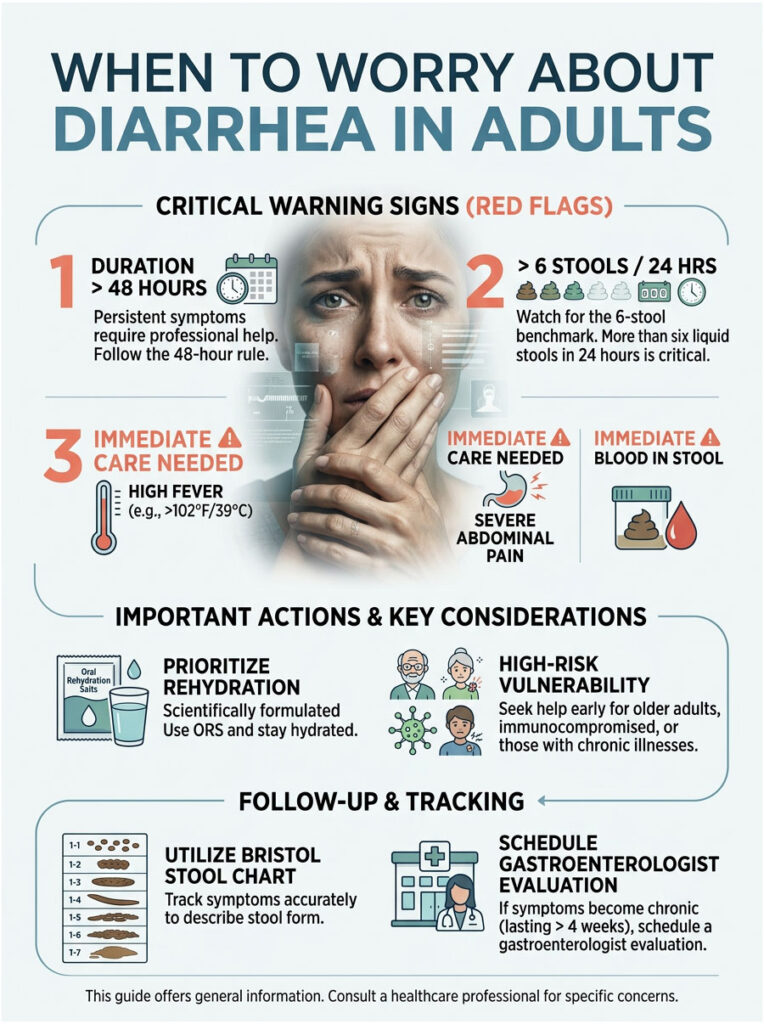 Infographic detailing critical warning signs of diarrhea in adults, including symptoms and actions to take.