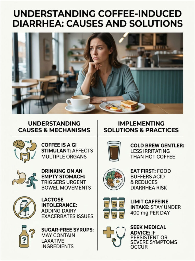Infographic explaining coffee-induced diarrhea causes and solutions with text and icons on a light background.