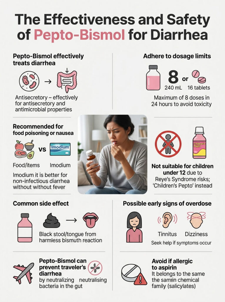 Infographic on Pepto-Bismol's effectiveness for diarrhea, featuring dosage limits, side effects, and recommendations.
