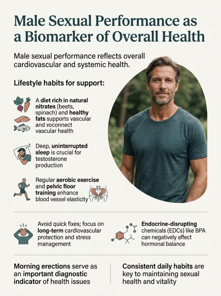 Infographic on male sexual performance as a health indicator, featuring lifestyle habits and illustrations of food, exercise, and sleep.