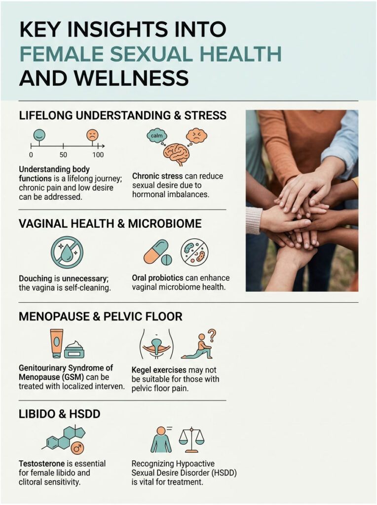 Infographic on female sexual health covering stress, vaginal microbiome, menopause, and libido insights.