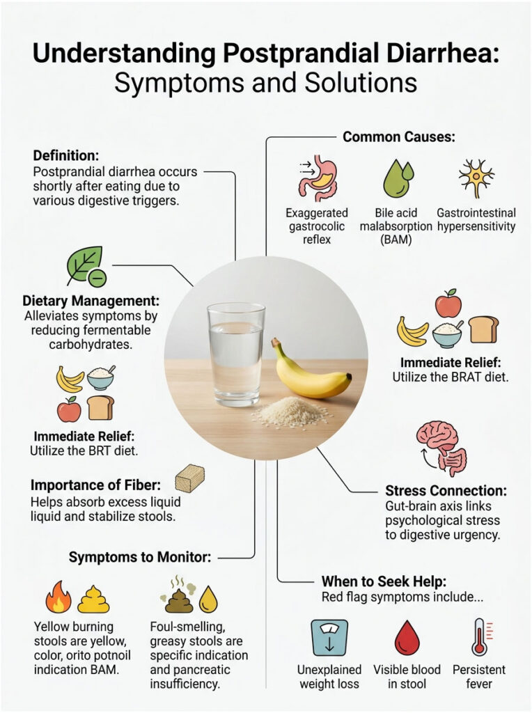 Infographic explaining postprandial diarrhea with causes, dietary management, and symptoms to monitor.