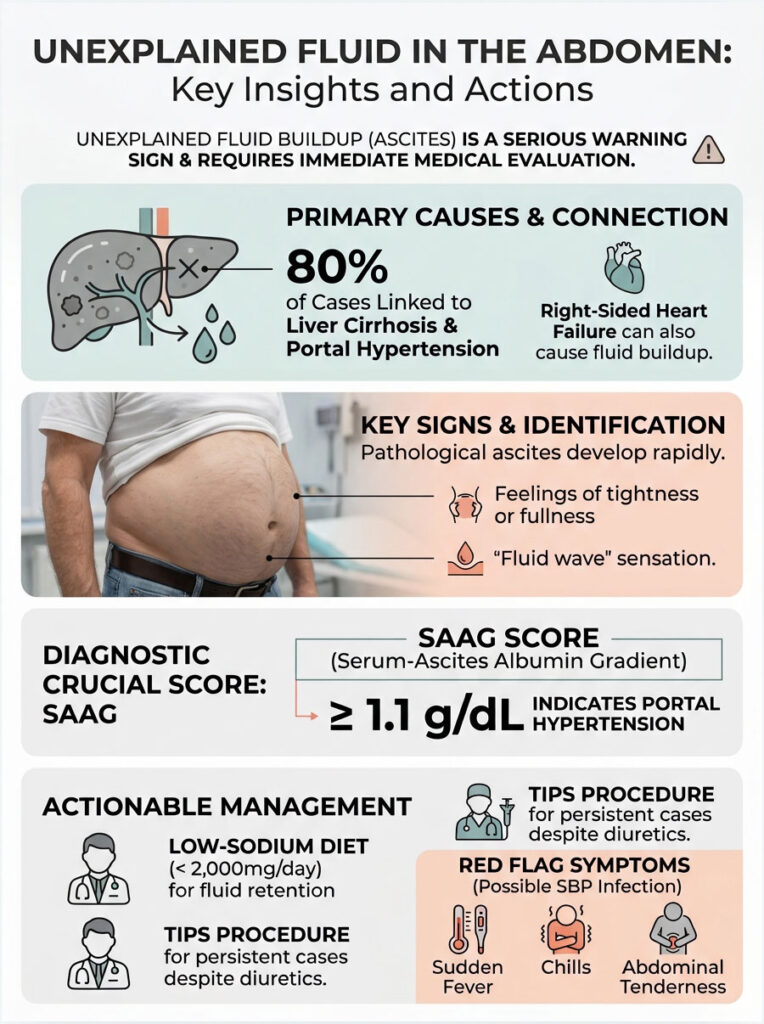 Infographic on unexplained abdominal fluid, detailing causes, signs, SAAG score, and management strategies.