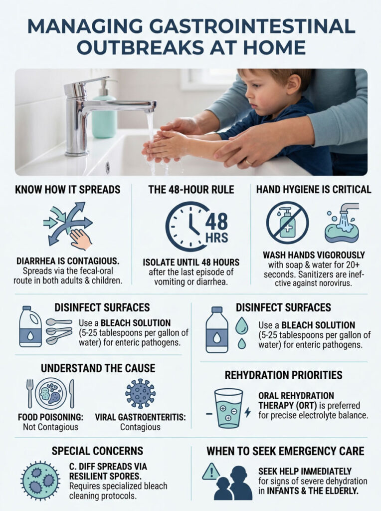 Infographic on managing gastrointestinal outbreaks at home, featuring hygiene tips and guidelines for care.