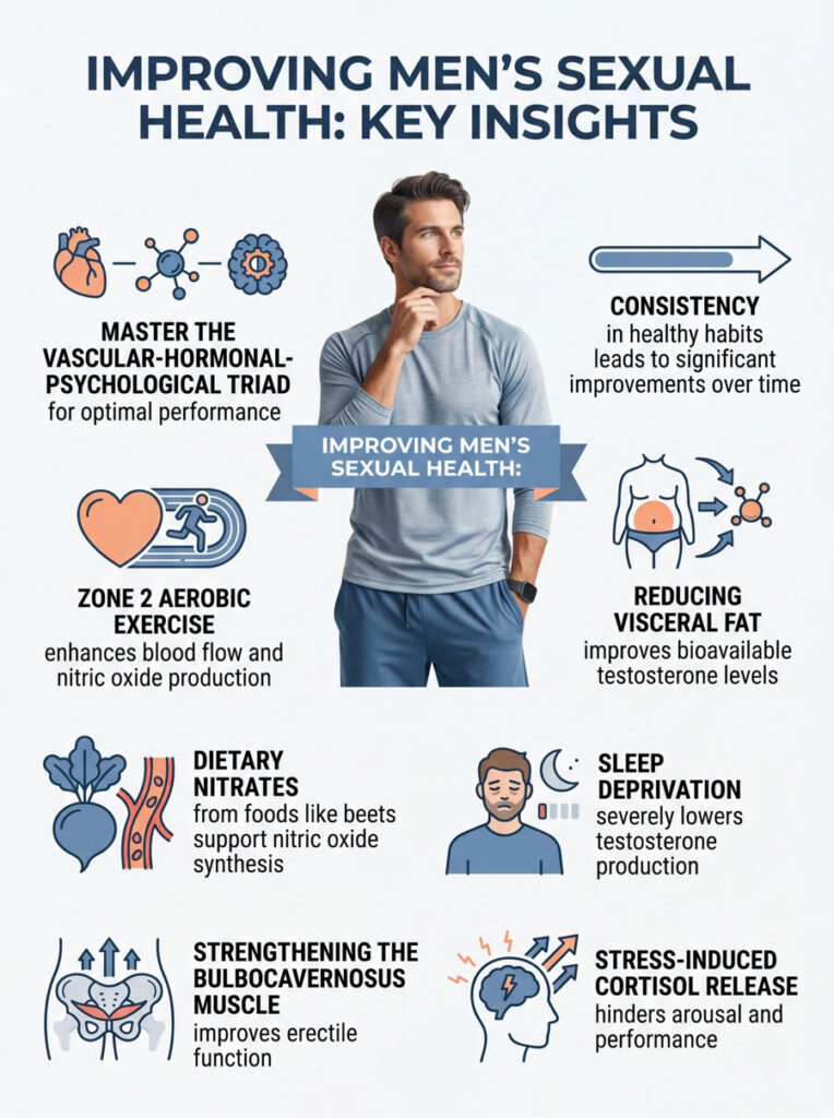 Infographic on improving men's sexual health with key insights, including exercise, diet, and stress management tips.
