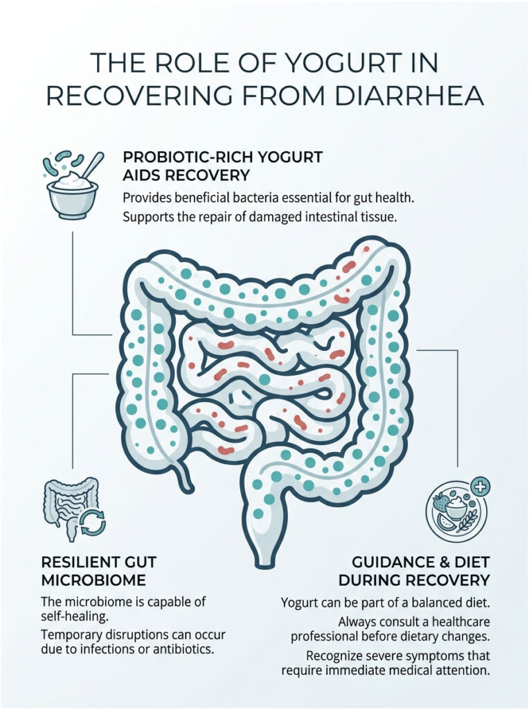 Infographic showing the role of yogurt in diarrhea recovery with gut illustrations and key points on probiotics and diet.