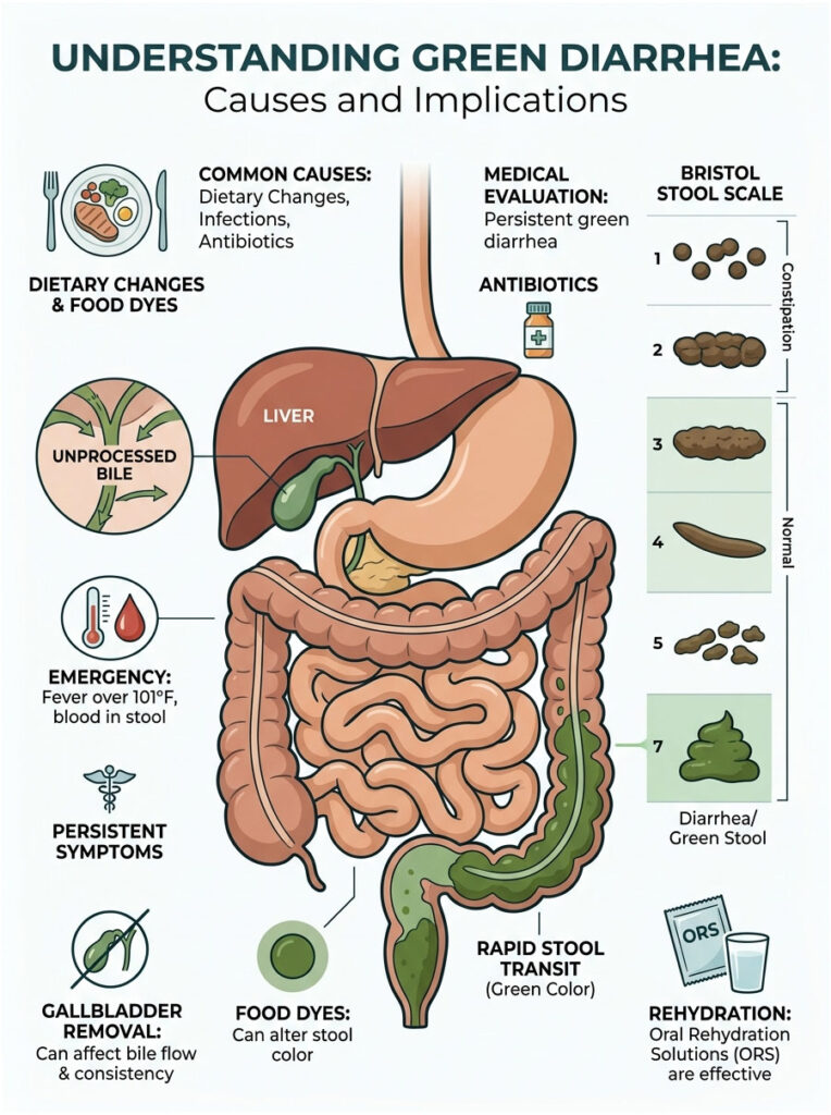 Infographic explaining causes of green diarrhea, featuring liver, stool scale, and medical advice icons.