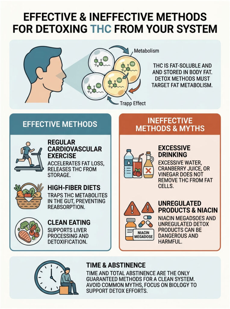 Infographic detailing effective and ineffective methods for detoxing THC from the body, including charts and icons.