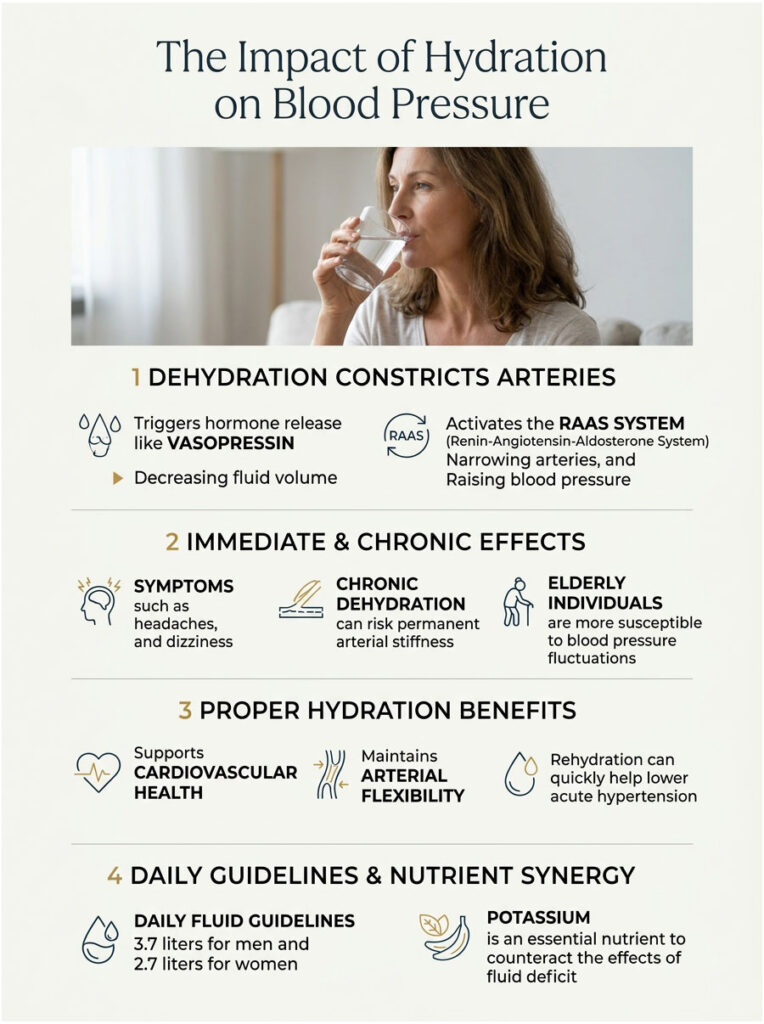 Woman drinking water while infographic explains hydration's impact on blood pressure with charts and icons.