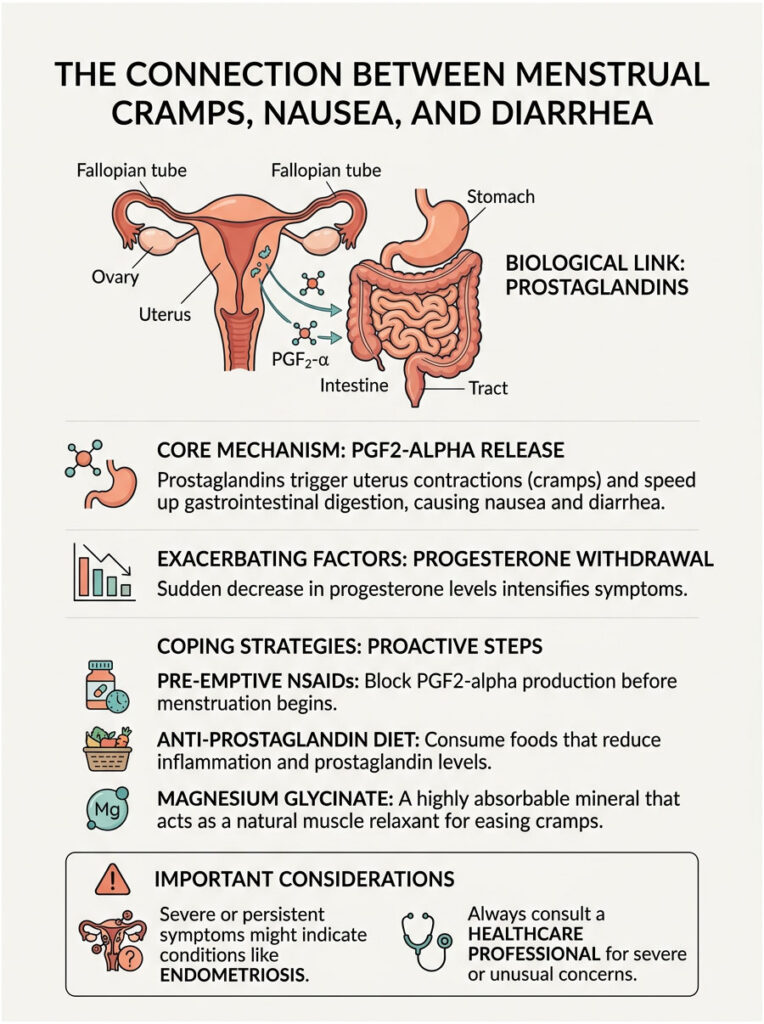 Infographic showing connection between menstrual cramps, nausea, diarrhea, and prostaglandins with illustrations and text.