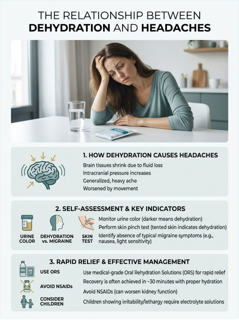 Infographic showing the relationship between dehydration and headaches with text and illustrations on causes and management.