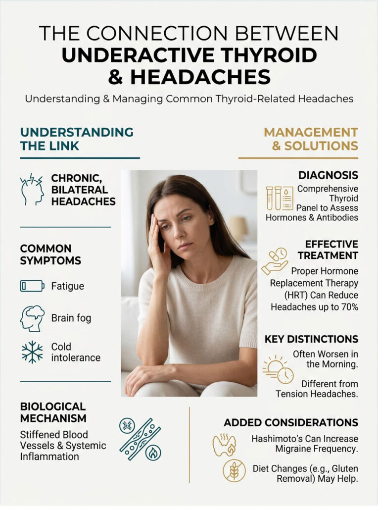 Infographic showing the link between underactive thyroid and headaches, with symptoms and management solutions.