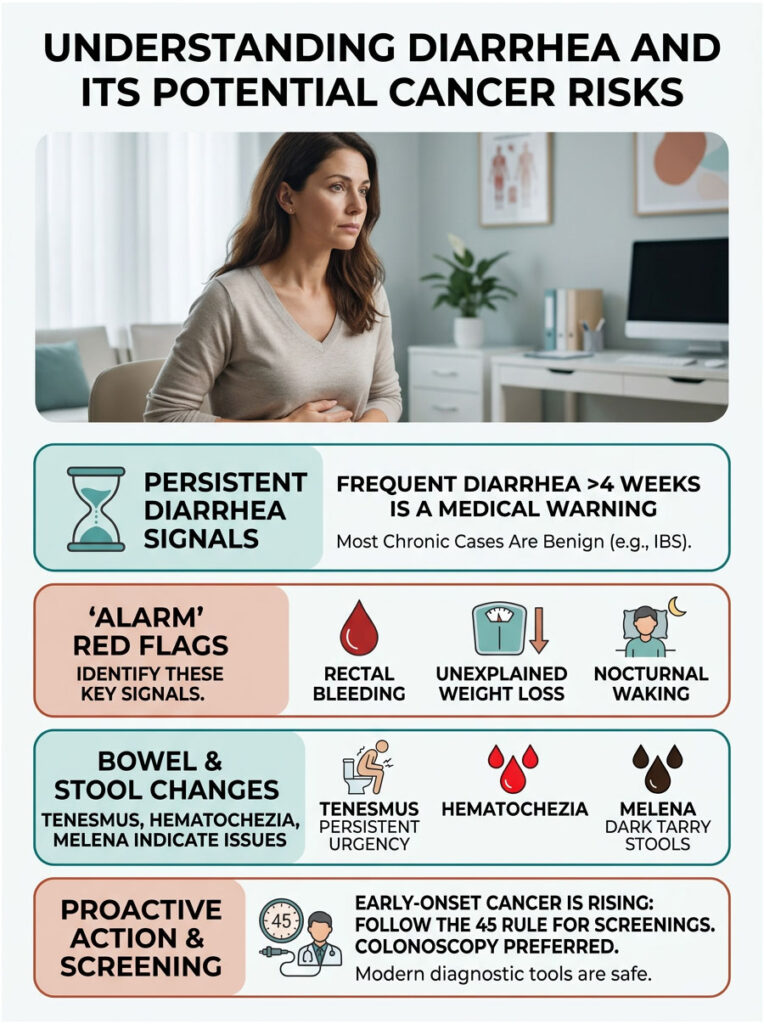 Woman looks concerned while infographic explains diarrhea signals, red flags, and cancer screening recommendations.