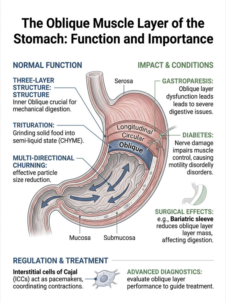 Diagram of stomach's oblique muscle layer, detailing functions, impacts, and treatments with labeled sections and arrows. Infographic.