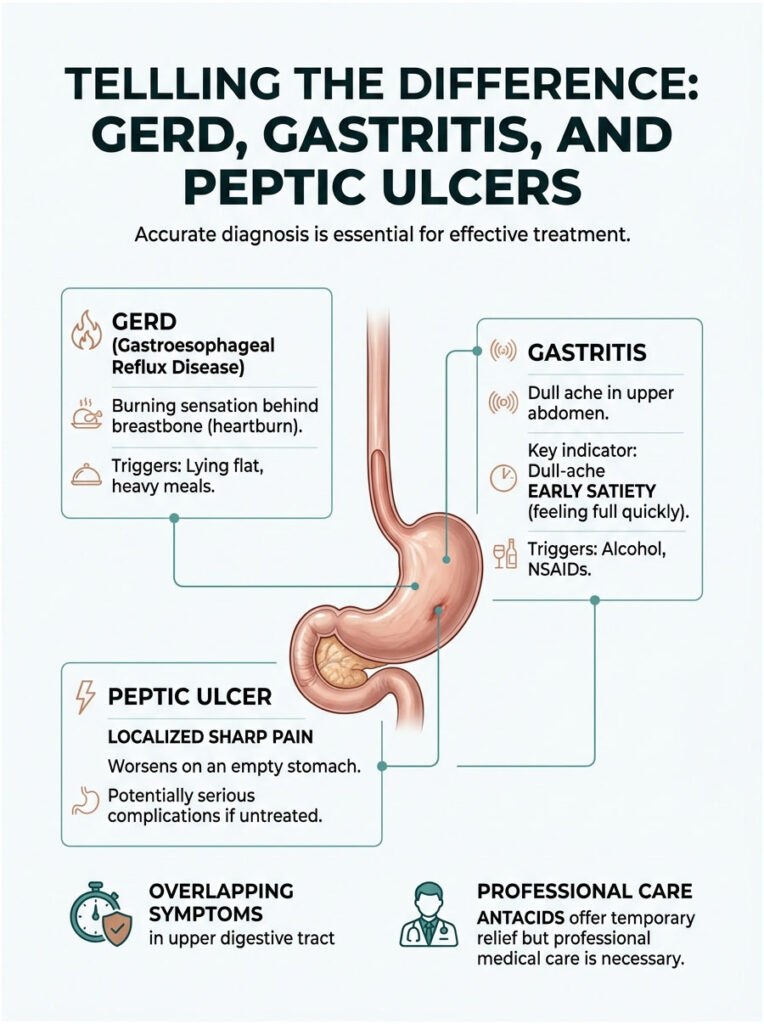Infographic comparing GERD, gastritis, and peptic ulcers with symptoms, triggers, and treatment options.