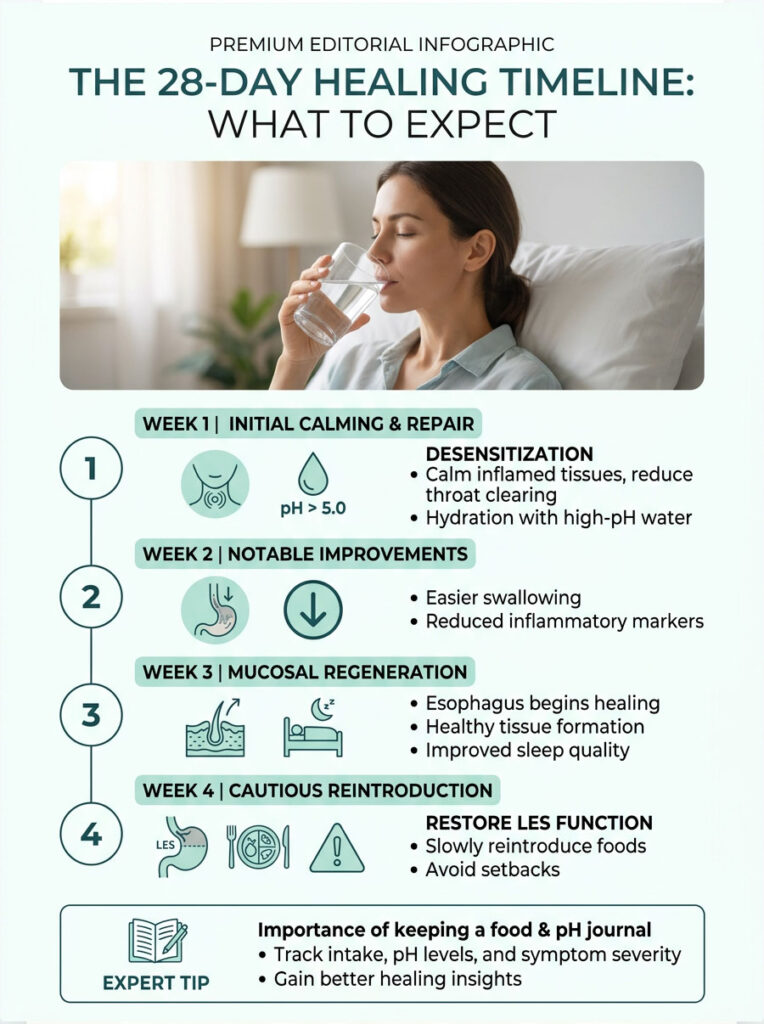 Woman drinks water while following a 28-day healing timeline infographic detailing weekly expectations.